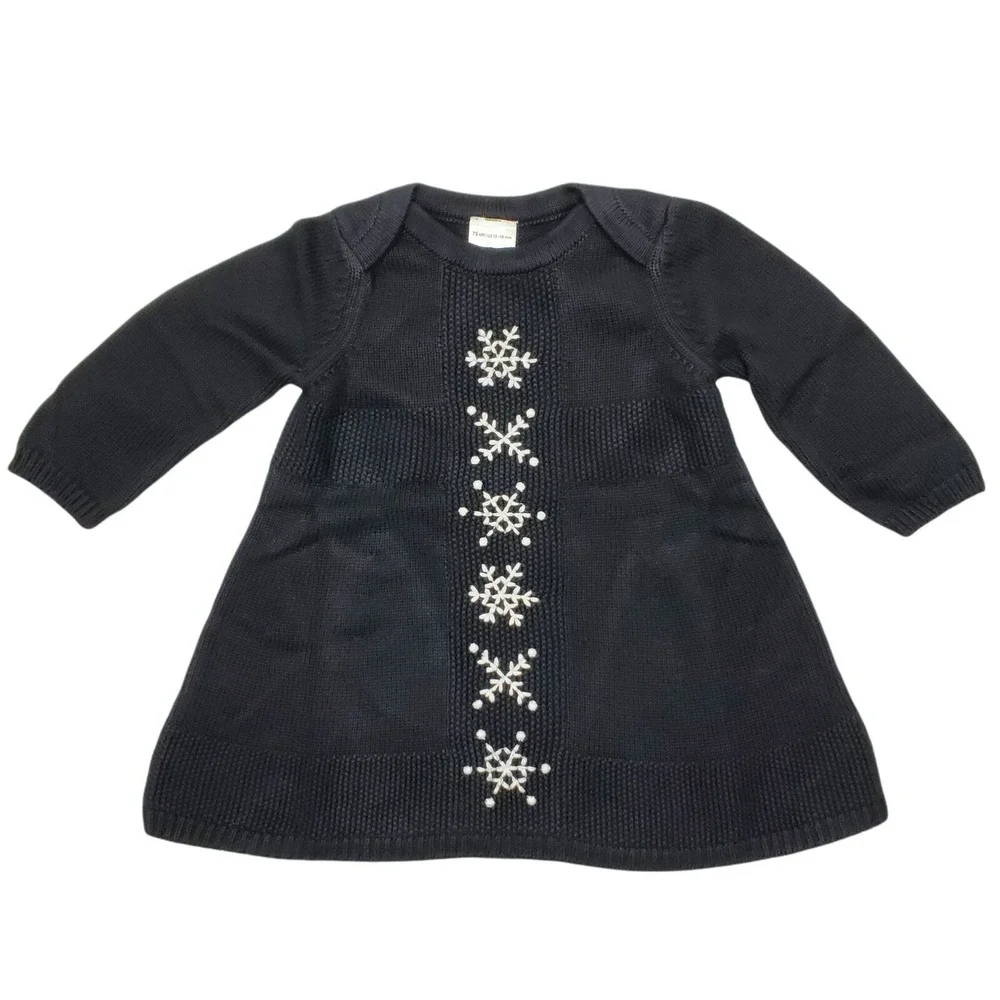 Hanna Andersson Knit‎ Dress Sz 75 Cm 12-18 Month Holiday Novelty Black Snowflake